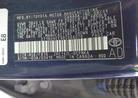 2011 Toyota Corolla Le z USA, uszkodzony, nr VIN 2T1BU4EE8BC668078